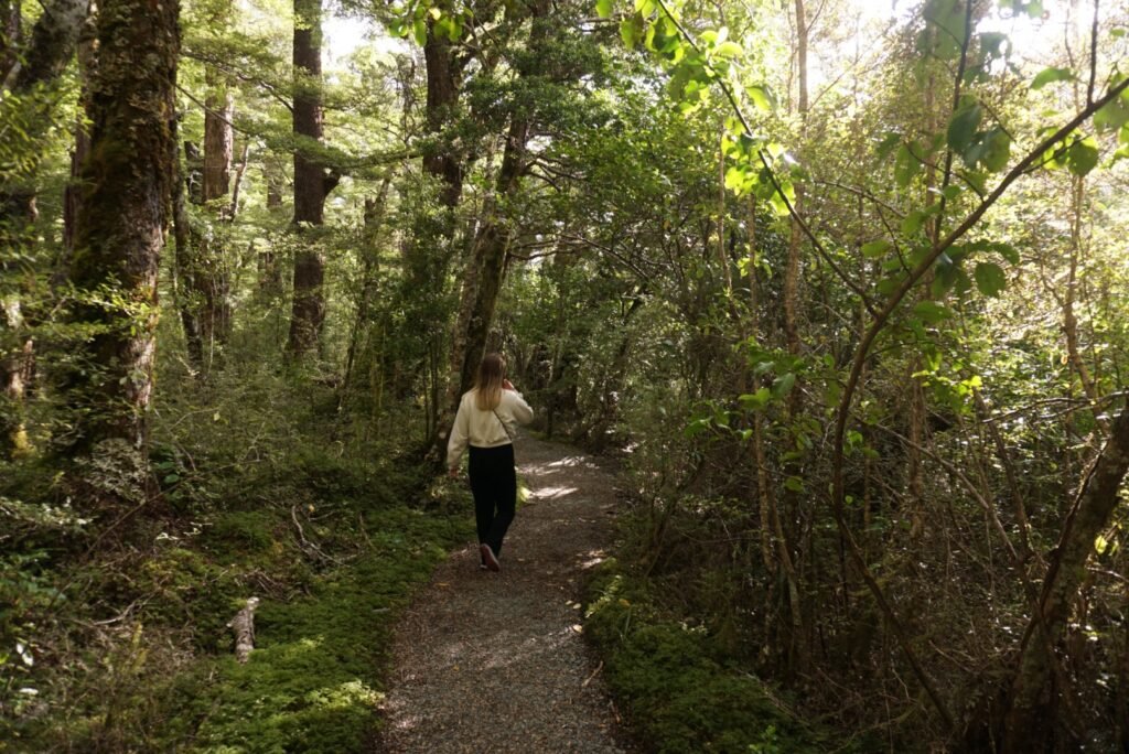 Léa de dos en marchant sur la Lake Gunn Nature Walk au milieu de la forêt 