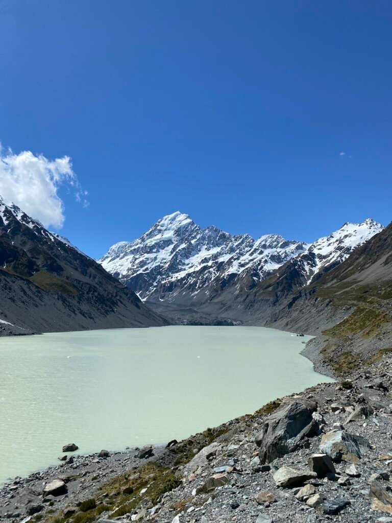 La vue sur le lac Hooker et le glacier en arrière plan. 